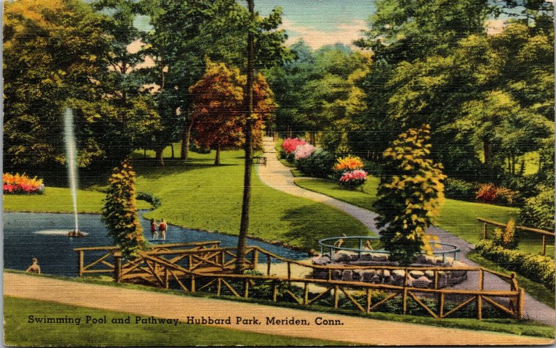 Vtg 1940s Hubbard Park Swimming Pool & Pathway Meriden Connecticut CT Postcard