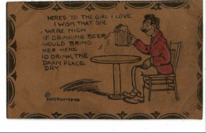 Leather Novelty Man Drinking Beer TO THE GIRL I LOVE c1905 Postcard