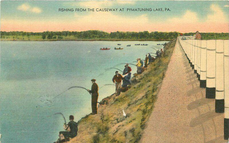 Causeway Fishing 1940s Postcard Pymatunung Lake Pennsylvania Tuck 1312