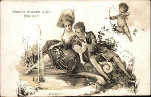 Nordd Lloyd Bremen Steamship Line Romance Beautiful Woman Cupid Postcard