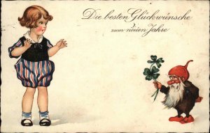 German Austrian New Year Fantasy Elf Gnome Little Girl c1915 Postcard