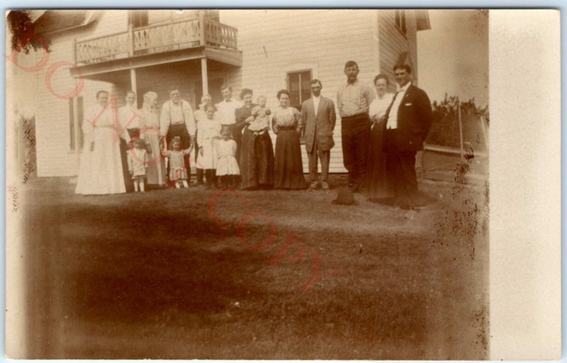 c1910s Large Family Outdoor House RPPC Cute Girls Children Real Photo PC A133