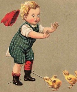 c1910 Cute Boy Angry Chicken Chicks Germany Easter P355 