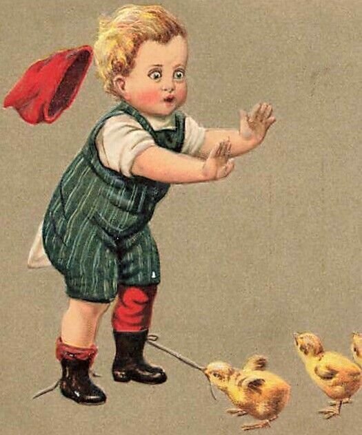 c1910 Cute Boy Angry Chicken Chicks Germany Easter P355