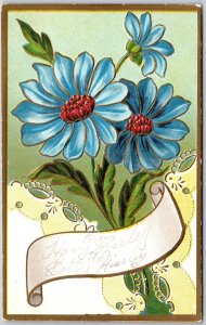 1910's Flowers Blue Petals Large Print Greetings & Wishes Card Posted Postcard