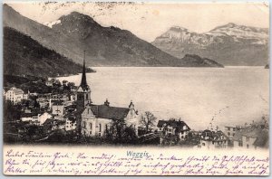 VINTAGE POSTCARD LAKE SCENE AT WEGGIS SWITZERLAND MAILED 1905 TRIPLE CANCELS