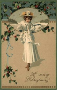 CHRISTMAS Elegant Pretty Woman w Fur Muff and Stole c1910 Postcard