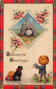 E22/ Halloween Holiday Postcard 1911 Series 2401 Iron Furnace Cat Pumpkin Man 31