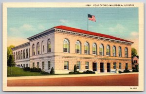Waukegan Illinois~Post Office Bldg Street View~US Flag~Vintage Linen Postcard