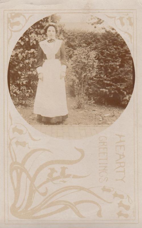 Edwardian House Maid Antique Hearty Greetings Real Photo Postcard