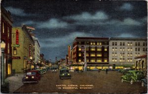 Linen Postcard Night View of Capitol Avenue in Cheyenne, Wyoming~1743