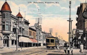Main Street Watertown, Wis Trolley Tram  Railroad Vintage Postcard