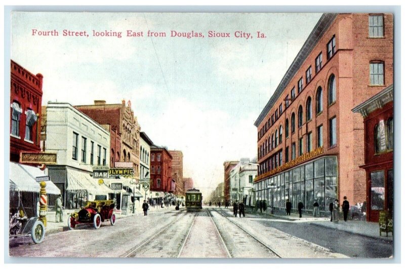 Fourth Street Looking East From Douglas Trolley Cars Sioux City IA Postcard