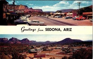 Sedona, AZ Arizona  GREETINGS Street Scene~Rexall Drugs~50's Cars~Homes Postcard