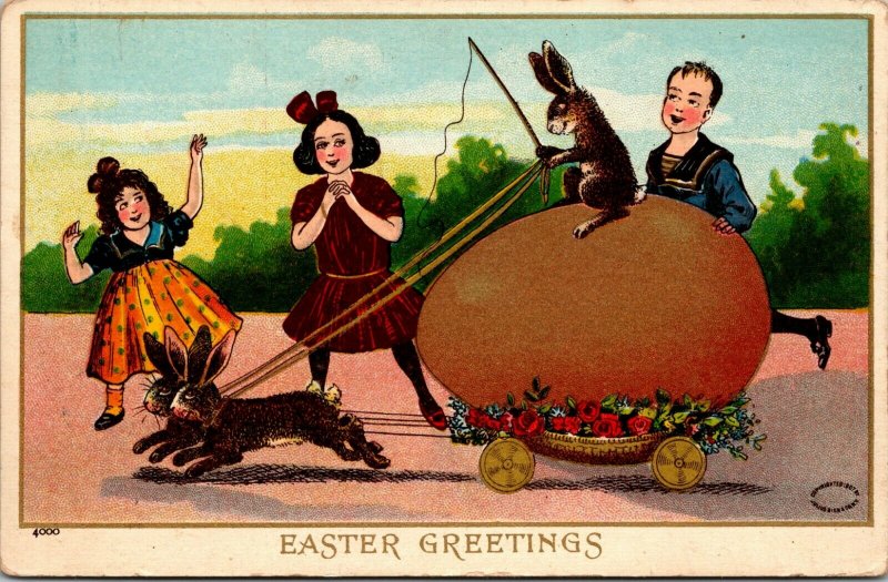 VINTAGE - Julius Bien Easter Greetings Postcard - Rabbit Riding Egg - PC 