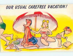 Pre-1980 risque WOMAN IN BIKINI WITH DAUGHTER AND SUNBURNED HUSBAND HL4042