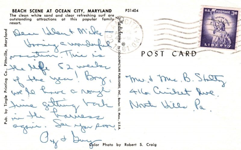 Vintage Postcard 1961 Beach Scene Clean White Sand Surf Ocean City Maryland MD