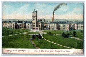 c1910's Greetings From Kankakee IL, Main Building Illinois Hospital Postcard