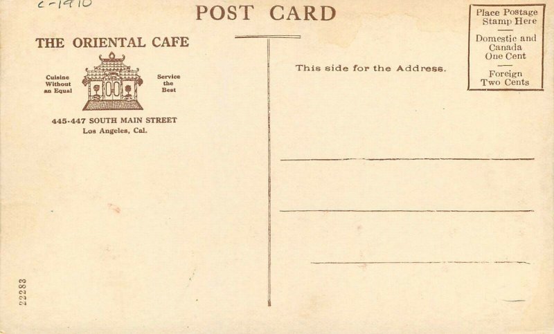 Los Angeles California Oriental Cafe #22283 Interior C-1910 Postcard 21-10052