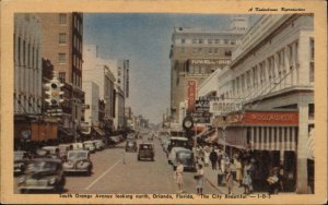 Orlando Florida FL Street Scene Visible Signs Linen 1930s-50s Linen Postcard