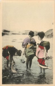 Hand Colored Postcard Japanese Women Fishing at the Beach