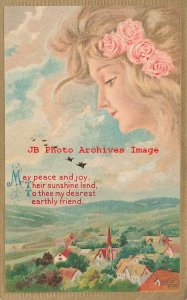 Fantasy, Kaplan No 57, Woman's Head in Clouds Watching Birds Fly over Village