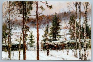 WOMAN in Snow Winter Park Trees Snowfall by Klever New Unposted Postcard