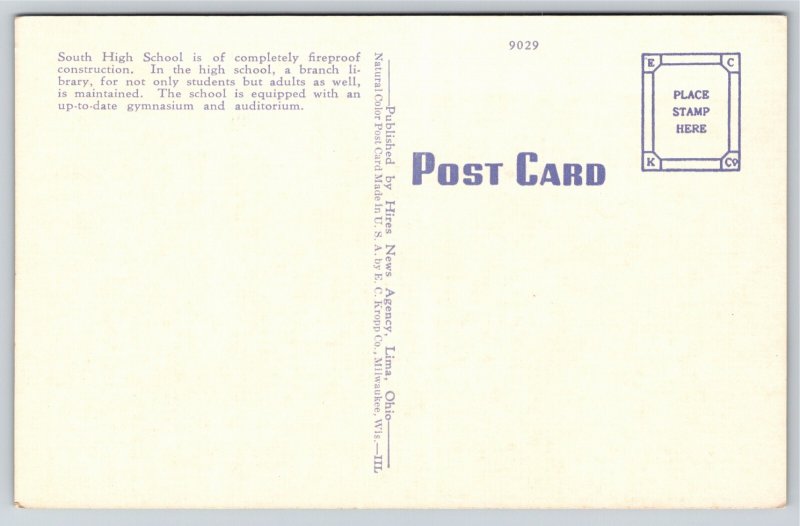 Lima Ohio~South High School Looking Northwest~Vintage Postcard