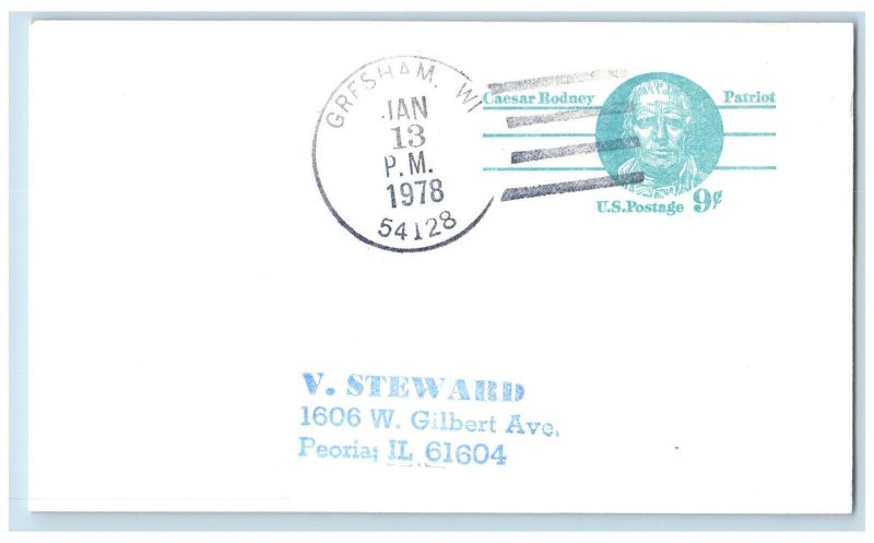 Gresham Wisconsin WI Peoria Illinois IL Postal Card V Steward Stamp 1978 DPO