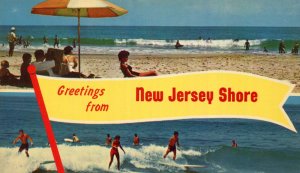 NEW JERSEY SHORE NJ BANNER 2 VIEWS SURFERS & BEACH  UNUSED CHROME POSTCARD