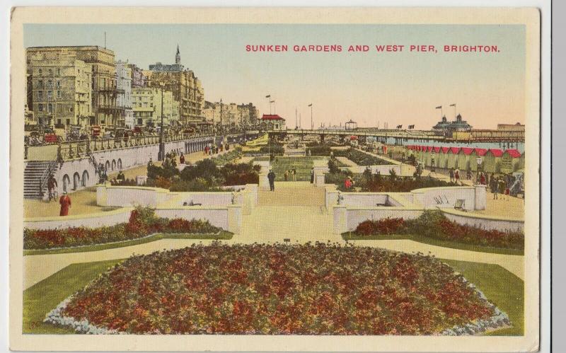 Sussex; Sunken Gardens & West Pier, Brighton PPC Unposted c 1920's