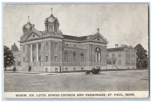 St. Paul Minnesota MN Postcard Norw. Ev. Luth. Synod Church And Parsonage Car