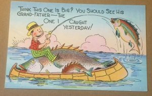 VINTAGE LINEN POSTCARD UNUSED THINK THIS ONE IS BIG ... FUNNY FISHING CARD