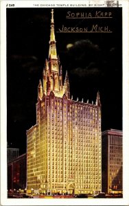 Chicago Temple Building Night Jackson Mich. Clark Washington Vintage Postcard 1c 