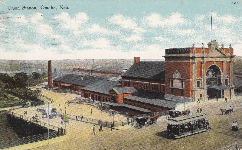 Nebraska Omaha Trolley At Union Railway Station 1910 Curteich sk6192