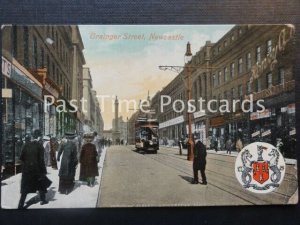 Old PC - Grainger Street, Newcastle-on-Tyne - showing TRAMS & 'INDIA RUBBER'shop