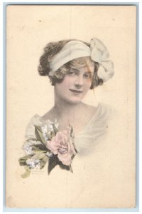 c1910s Pretty Woman Curly Hair Rose Flowers Bow Ribbon Unposted Antique Postcard