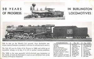 Fifty Years of Progress Burlington Locomotives Railroad, Train Postcard