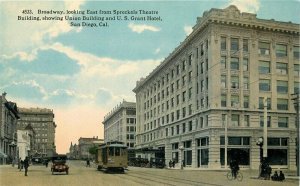 San Diego California Spreckles Grant Hotel C1910 Trolley Autos Postcard  21-5679