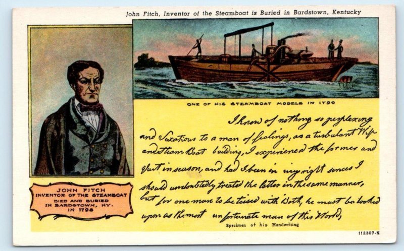 BARDSTOWN, KY Kentucky ~ JOHN FITCH Inventor of the STEAMBOAT c1950s Postcard 