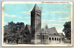 Rushville Indiana~First Presbyterian Church Street View~PM 1942~Vintage Postcard