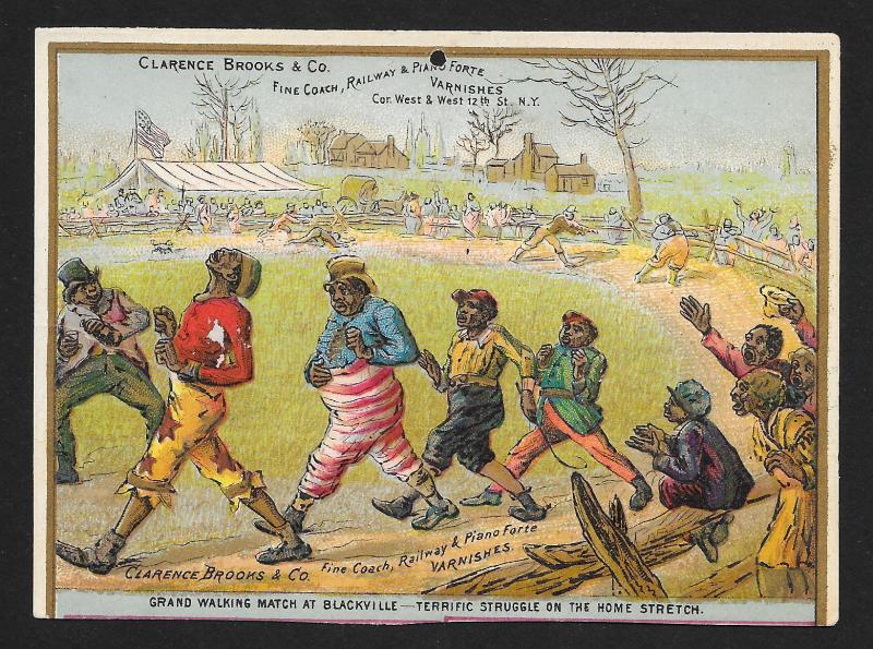 VICTORIAN TRADE CARD Clarence Brooks Varnishes Blacks 'Grand Walking Match'