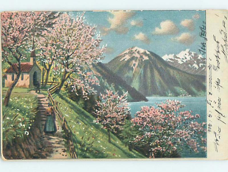 Pre-1907 WOMAN ON PATH BY CHURCH UNDER PINK FLOWERING TREES HJ4538