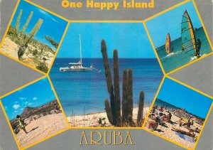 Postcard aruba one happy island multi view wind surf beach boat cactus tourists