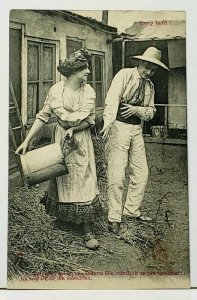 Couple Man In Yard TOO LATE  She Says French Courting Postcard I17