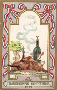 Thanksgiving Greeting Food Turkey Dinner Wine Bottle embossed postcard B989