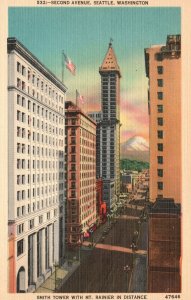 Vintage Postcard Second Avenue Smith Tower With Mount Rainier Seattle Washington