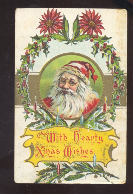 WITH YEARLY XMAS WISHES SANTA CLAUS VINTAGE CHRISTMAS POSTCARD EMBOSSED