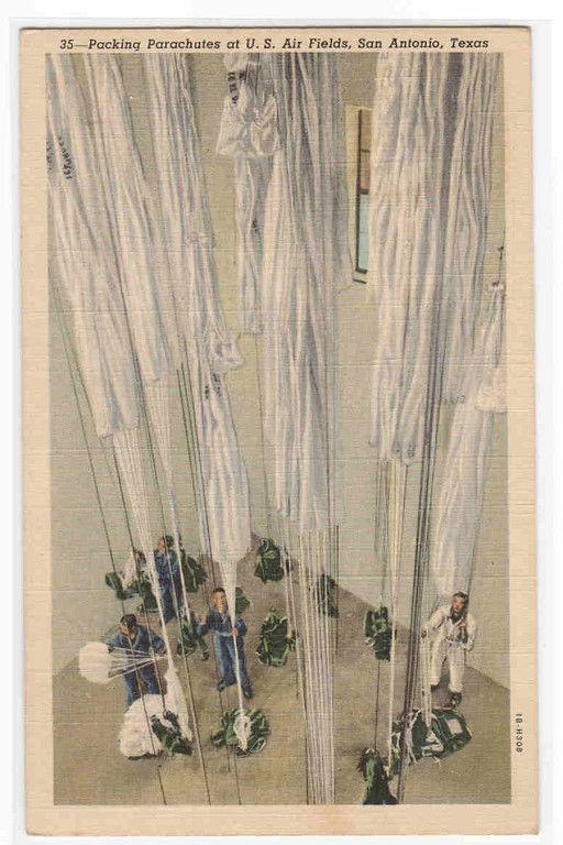 Packing Parachutes US Air Force Base San Antonio Texas WWII 1941 postcard