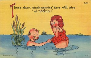 Postcard 1940s man pinching fat girl in bathing suit comic humor Teich 24-6022